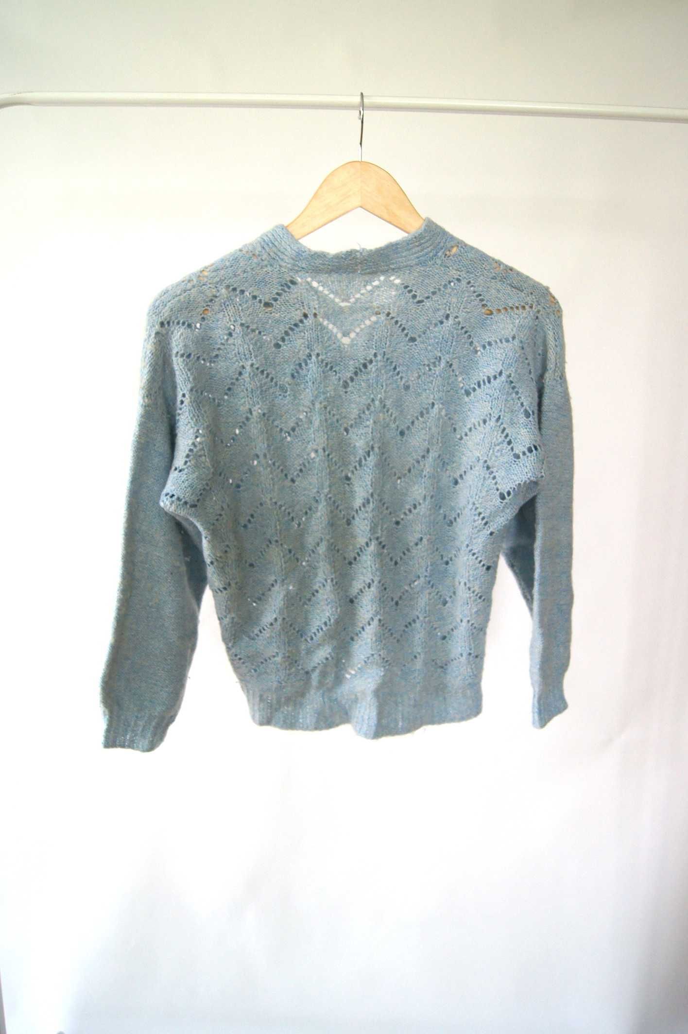 retro vintage szydełkowy szary błękitny sweterek na drutach 38M 36S