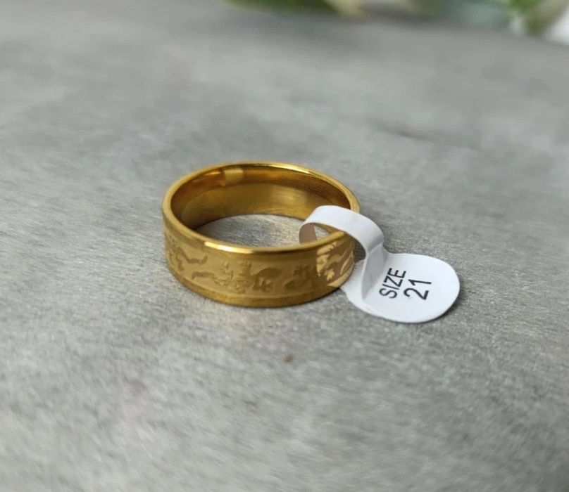 Nowy męski pierścionek stalowy złoty z smokiem