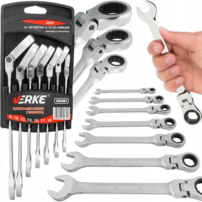 KLUCZE PŁASKIE PŁASKO OCZKOWE Z Grzechotką Przegubem Łamane Zestaw