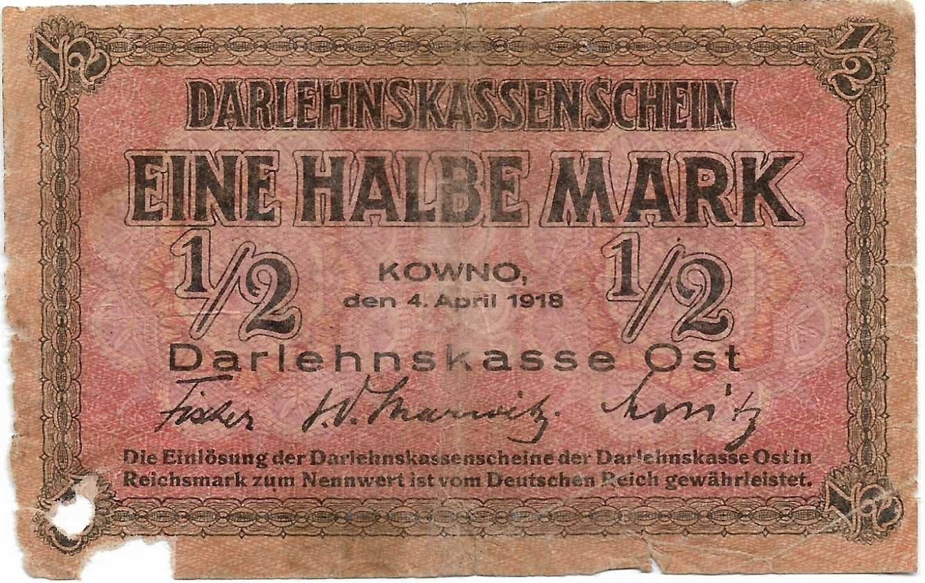 51. Stary banknot. 1/2 Marki 1918  RZADKI