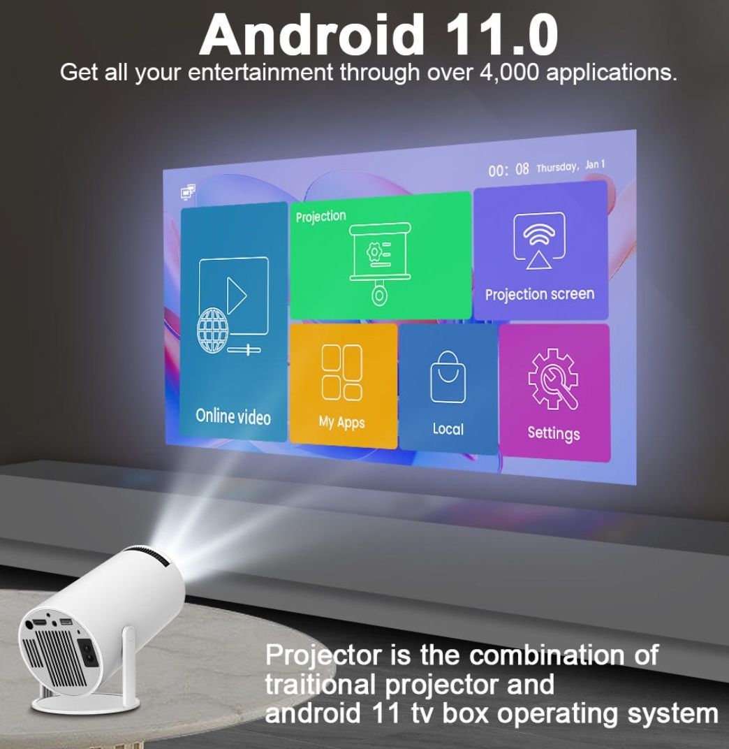Projetor Android / WiFi 6 + Keystone 4D + 1080P (NOVOS em caixa)
