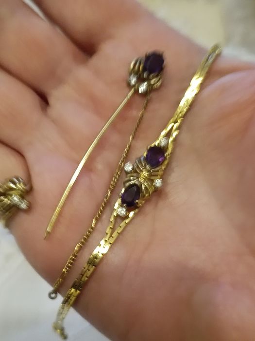 Серебро,аметисты,позолота.Браслет, кольцо,булавка. Нежные и красивые