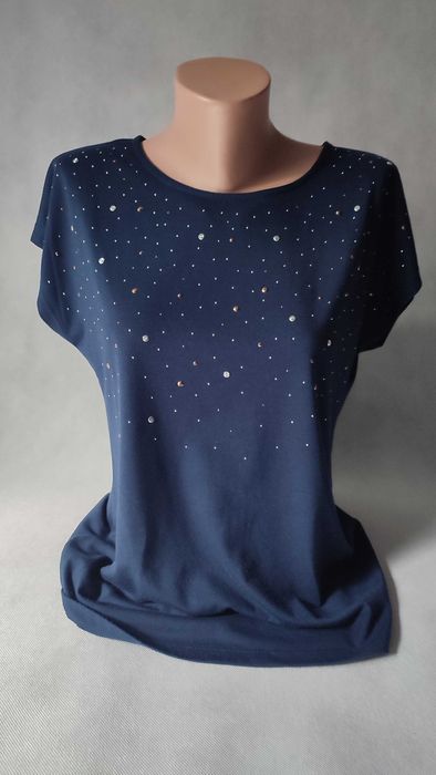 Bluzka damska z opadającym rękawkiem granatowa ozdobne kamyczki 14