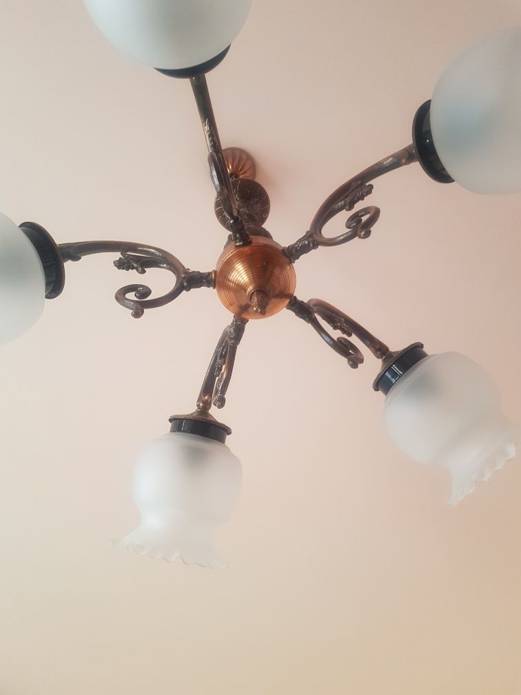 Żyrandol miedziany duży lampa metal różowy miedziany brązowy klosz szk