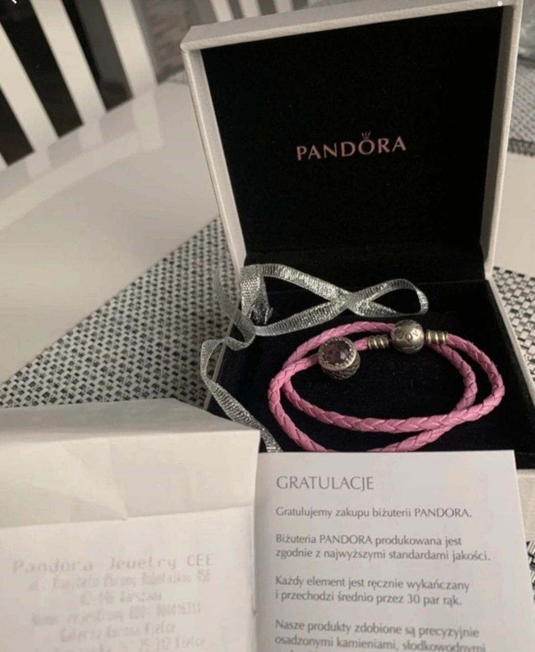 Pandora różowa skórzana bransoletka