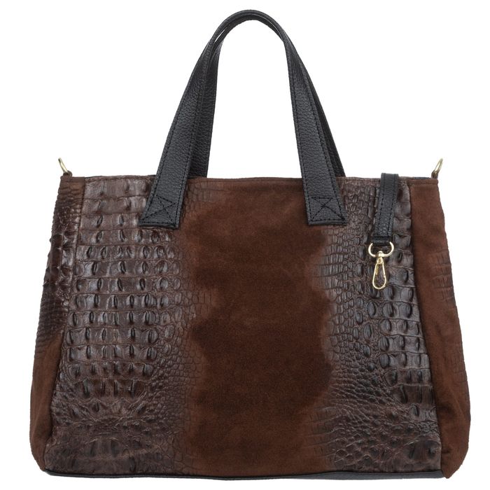 VERA PELLE torebka zamszowa shopper kroko z paskiem V543 c.brązowa