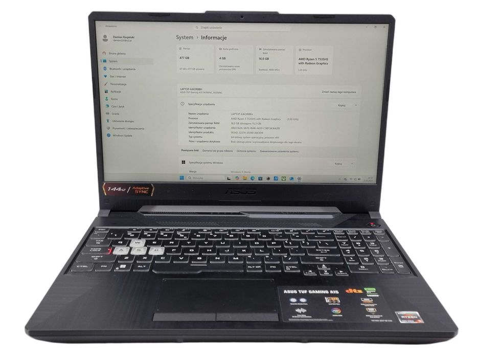Laptop Gamingowy Asus TUF Gaming A15 Ryzen 5 7535HS 16/512 GB RTX 3050