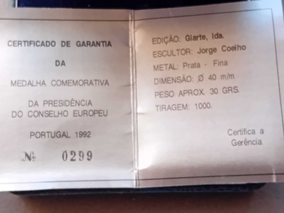 Medalha prata 925% 1 onça, Centro Cultural Belém 1992 novaConselho