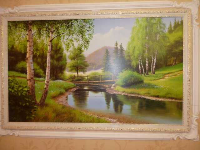 Картина репродукция березы река горы мостик лес 106х64см