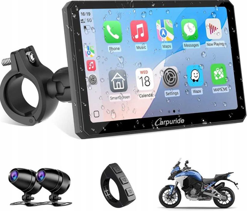 Carpuride W712D ekran motocyklowy 7'' podwójne kamery 1080p CarPlay