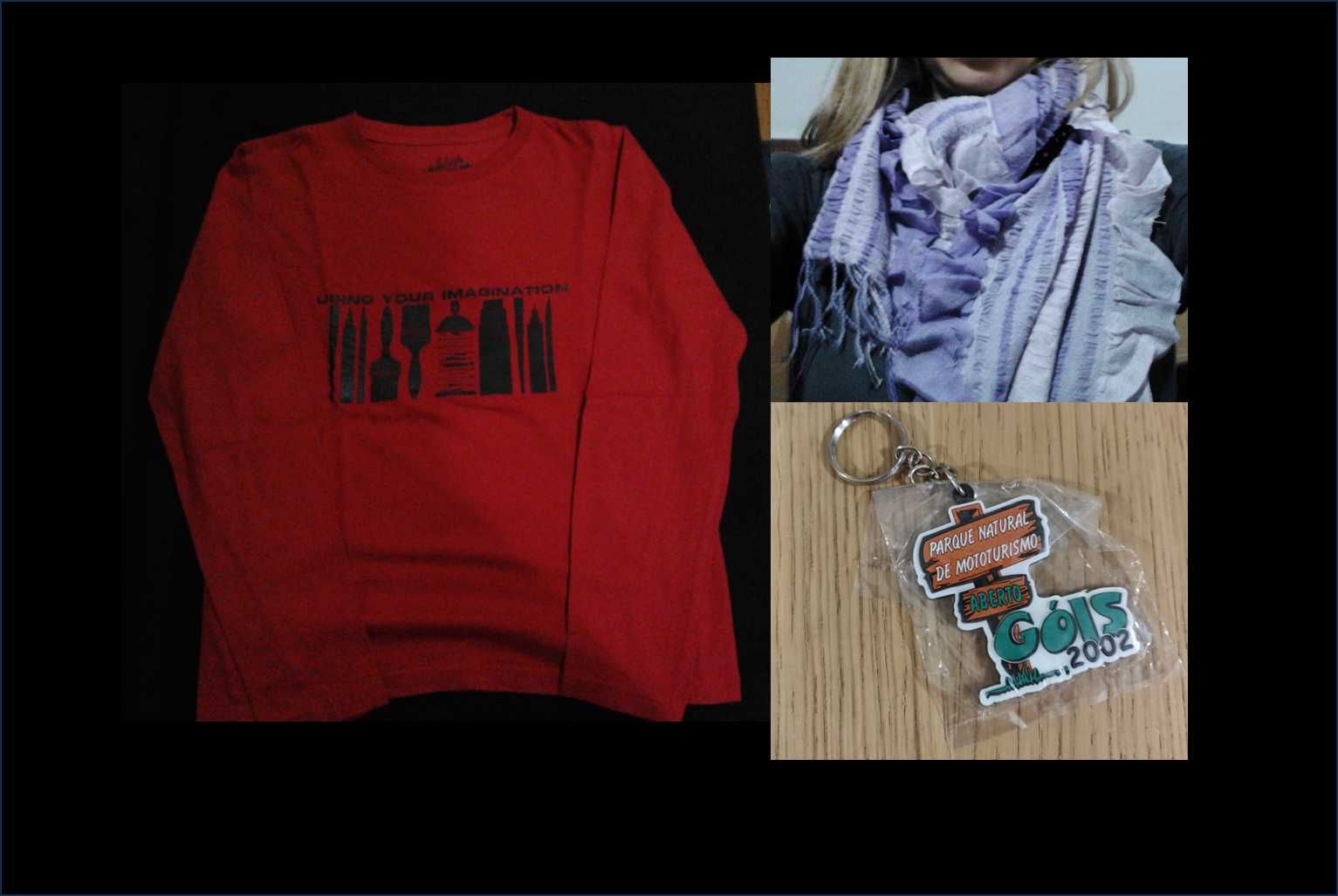 Lote de camisola, echarpe e porta-chaves