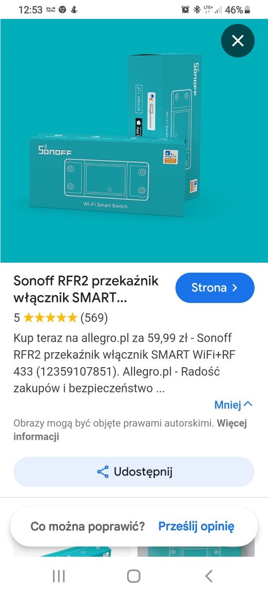 Sonoff przekaźnik-włącznik Wi-Fi Smart Switch BASICR2