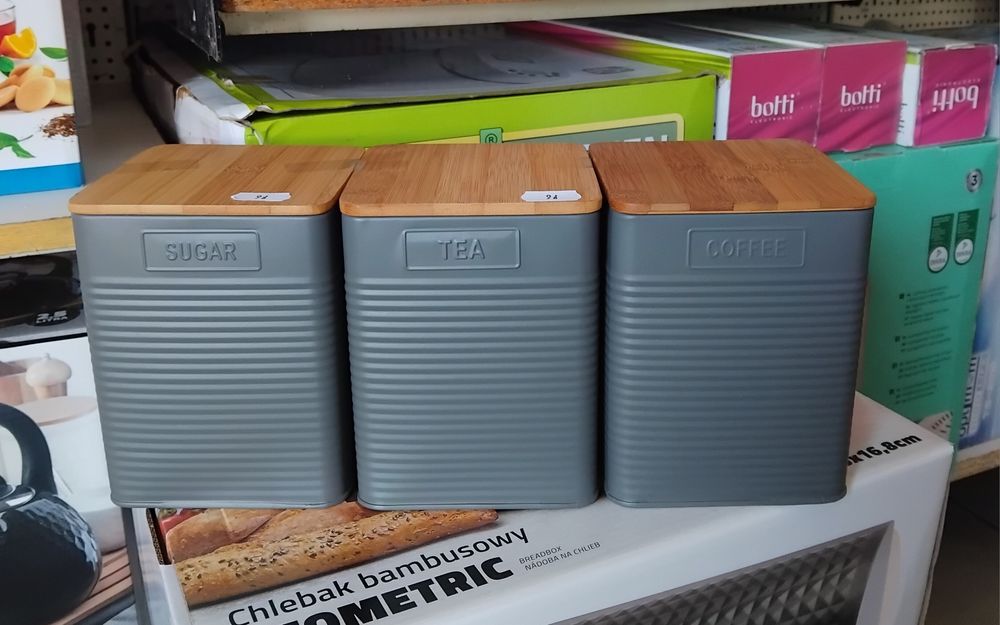 Nowy zestaw 3 pojemników kawa herbata cukier szare