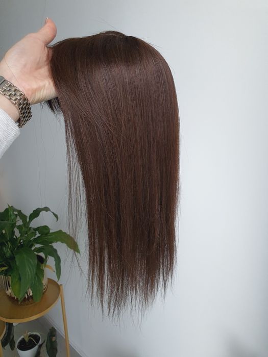 Długi tupet topper z włosów naturalnych brąz z grzywką Jowita brąz