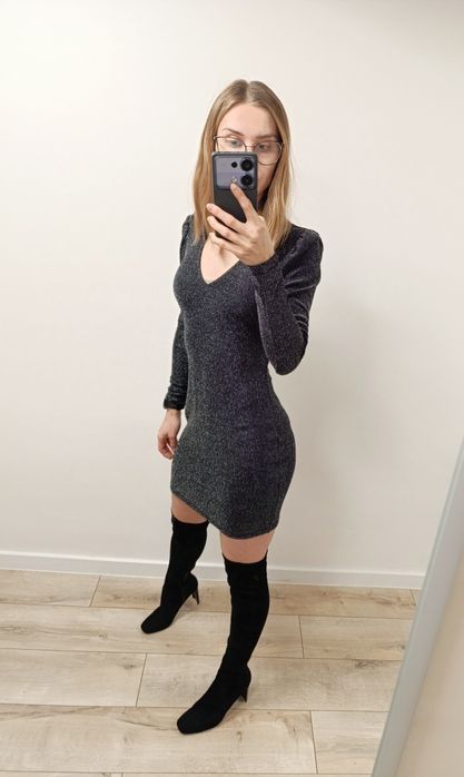 Sukienka damska mini szara brokatowa sylwestrowa Reserved S