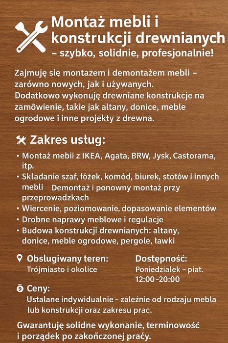 Montaż mebli oraz konstrukcji drewnianych