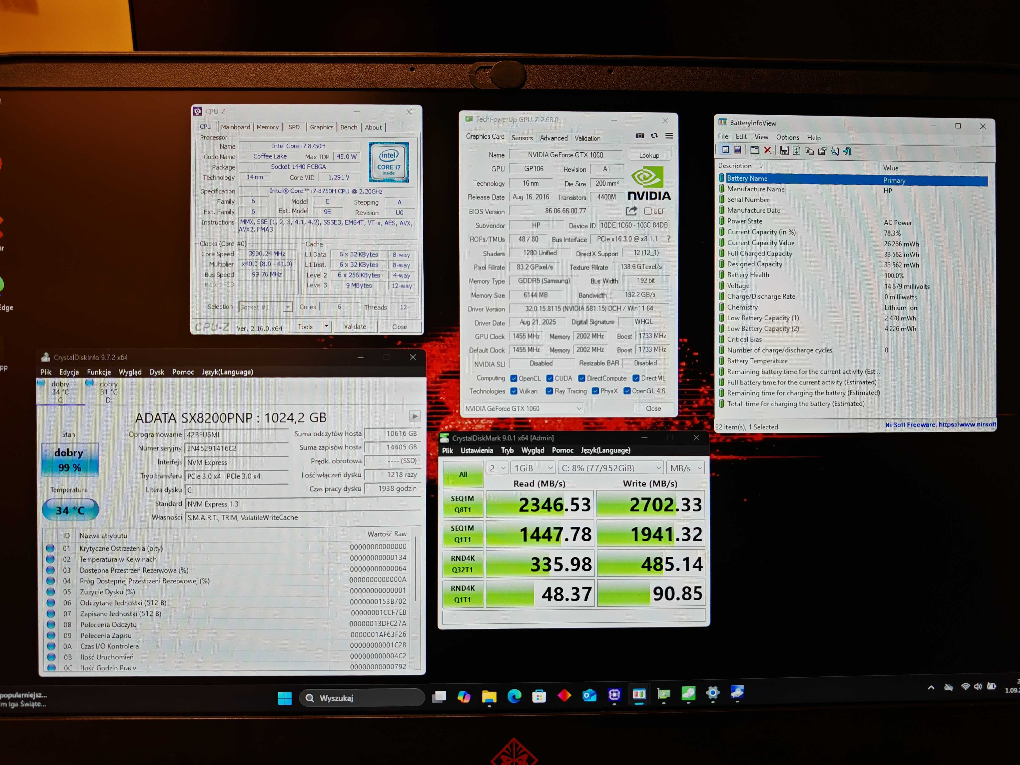 Laptop HP Omen 15-dc0006ng i7- 8750H GTX1060 6GB 32GB 1.5TB SSD Win11