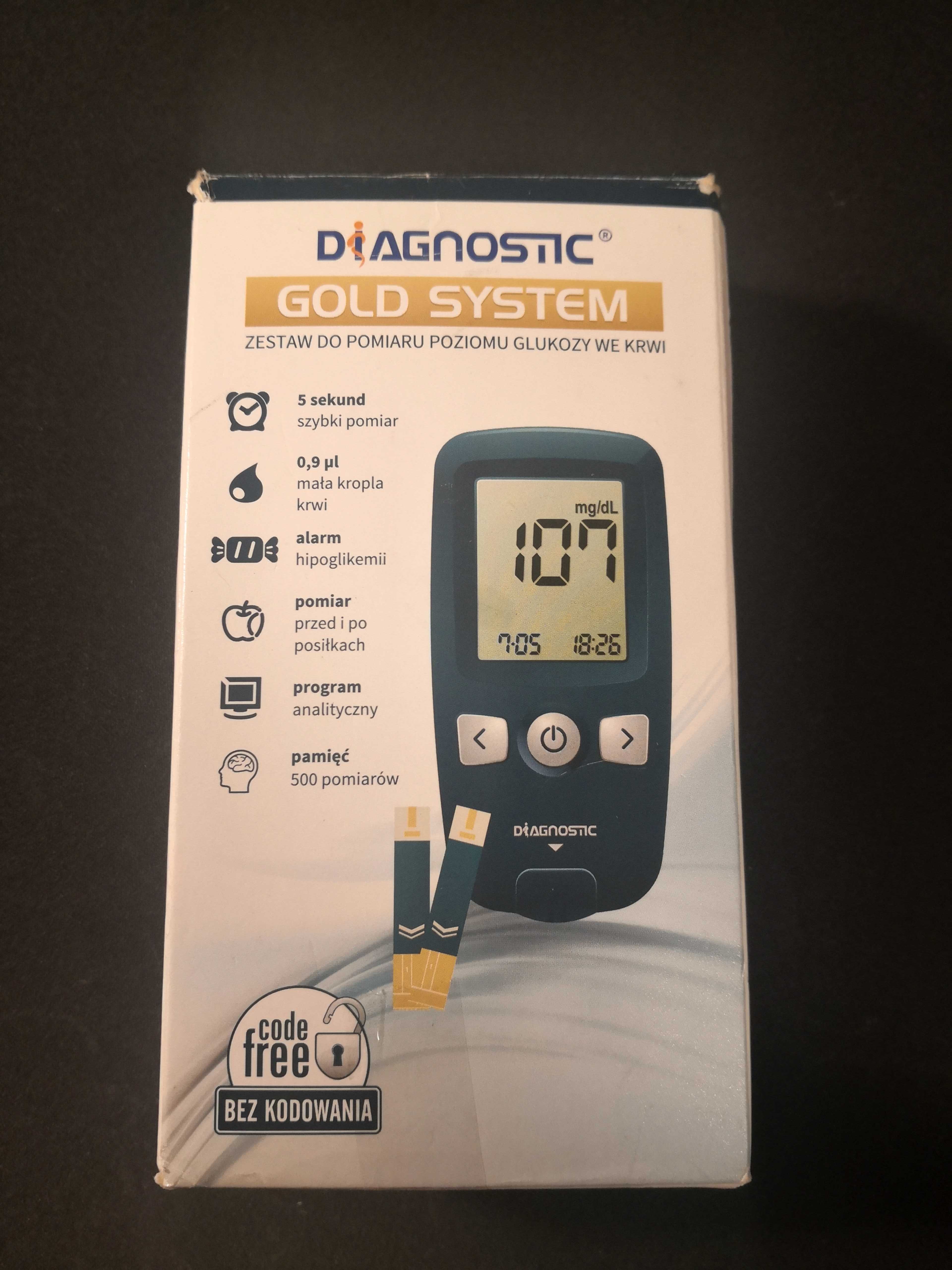 Zestaw do pomiaru glukozy we krwi diagnostic gold system bez kodwania