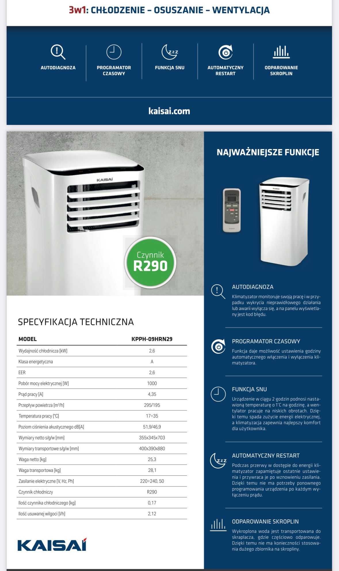 !!! OKAZJA klimatyzator przenośny KAISAI 2,6kW do 25m2 !!!