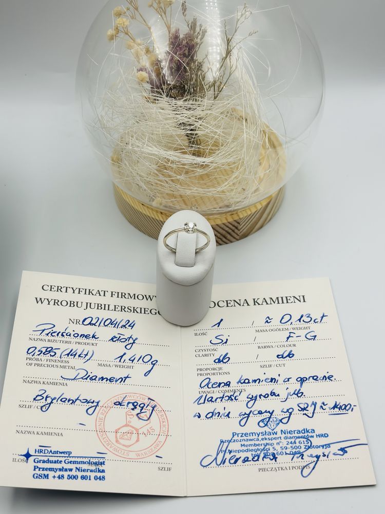 Pierścionek Złoty z Brylantem 0.13ct 585/14k 1.41g roz13 Certyfikat