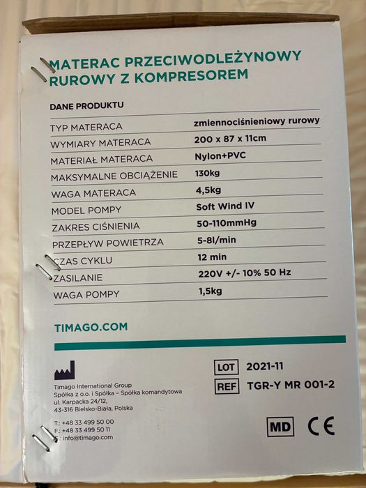 Materac przeciwodleżynowy rurowy z kompresorem TIMAGO