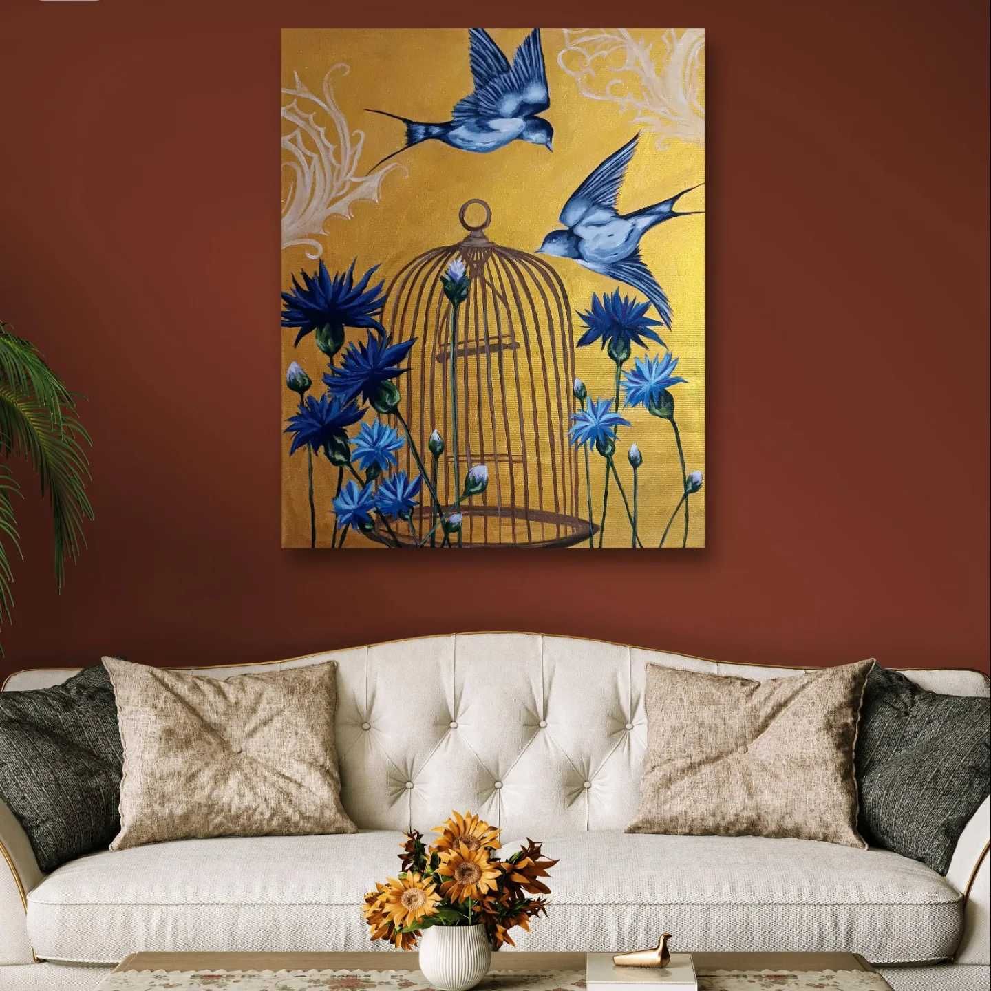 Obraz akrylowy ręcznie malowany, złoto, 50x60 cm, ptaki