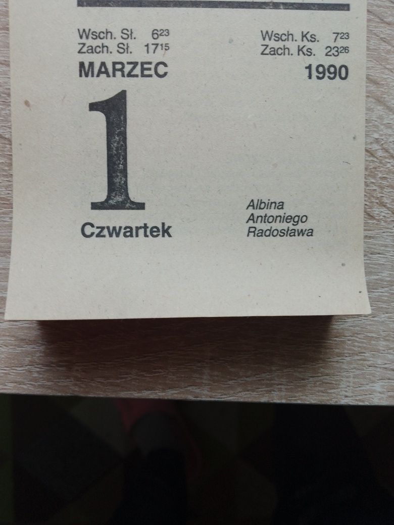 Kartka z kalendarza zdzieraka rocznik 1990