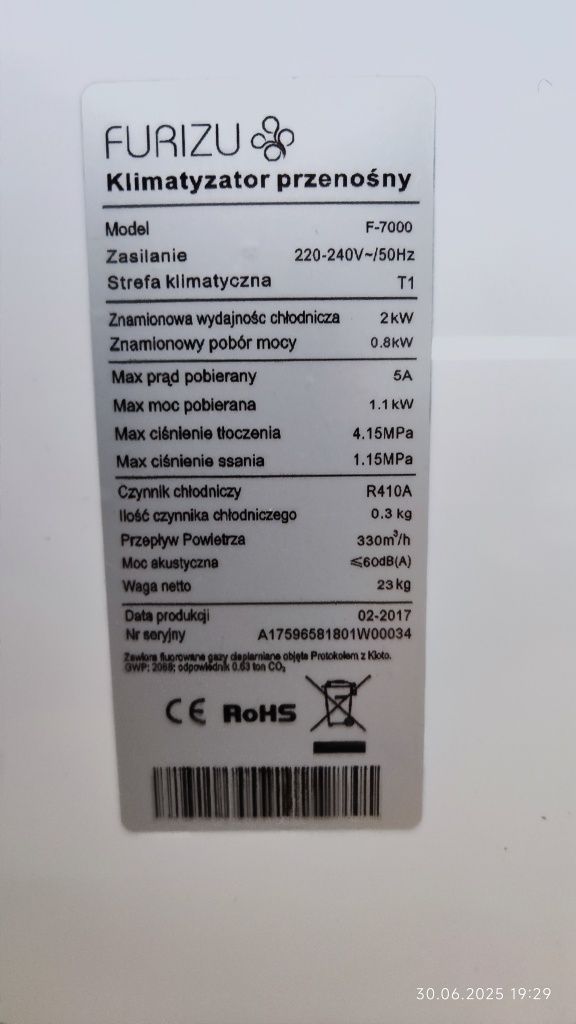 Klimatyzator przenośny FURIZU CUBE F-7000 2,05 kW