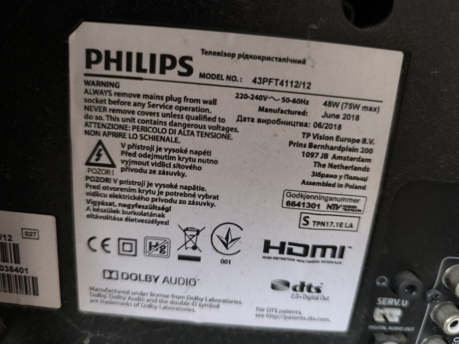 Telewizor Philips 43", full hd, hdmi, pilot, wieszak.