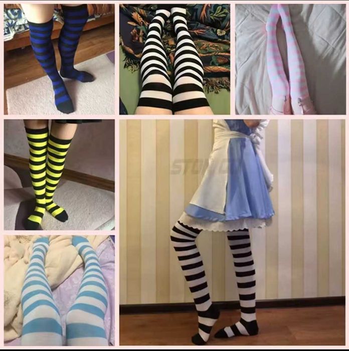 podkolanówki długie skarpety czarno czerwone paski rajstopy pończochy