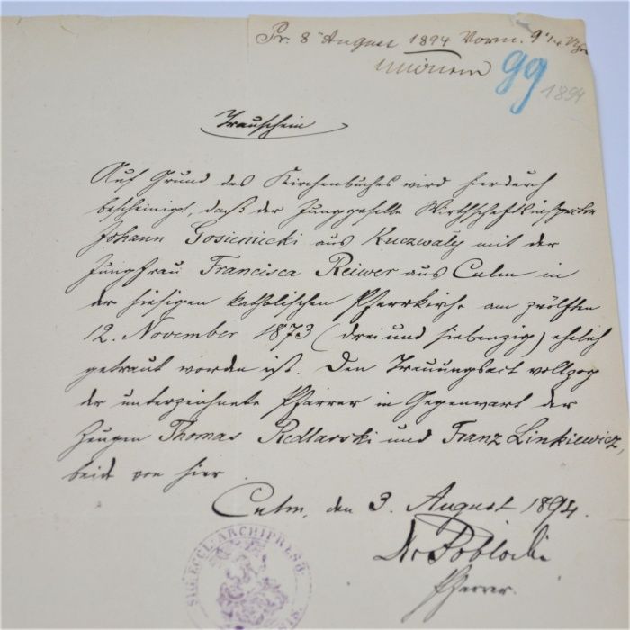 Stary dokument Culm Chełmno Prusy Zach. 1894 język niemiecki