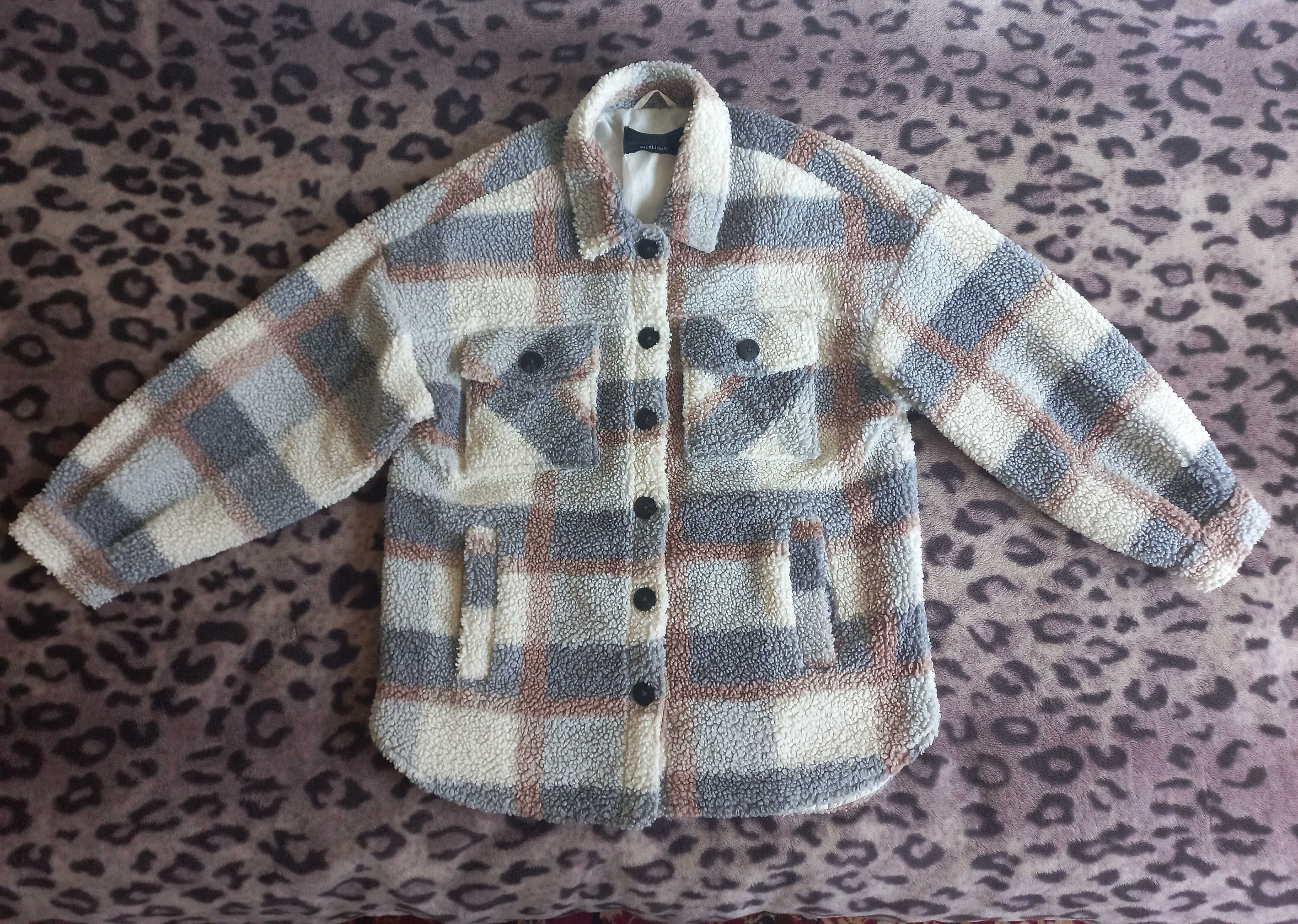 SINSAY shaket kurtka baranek miś szary beżowy kratka oversize 42 XL
