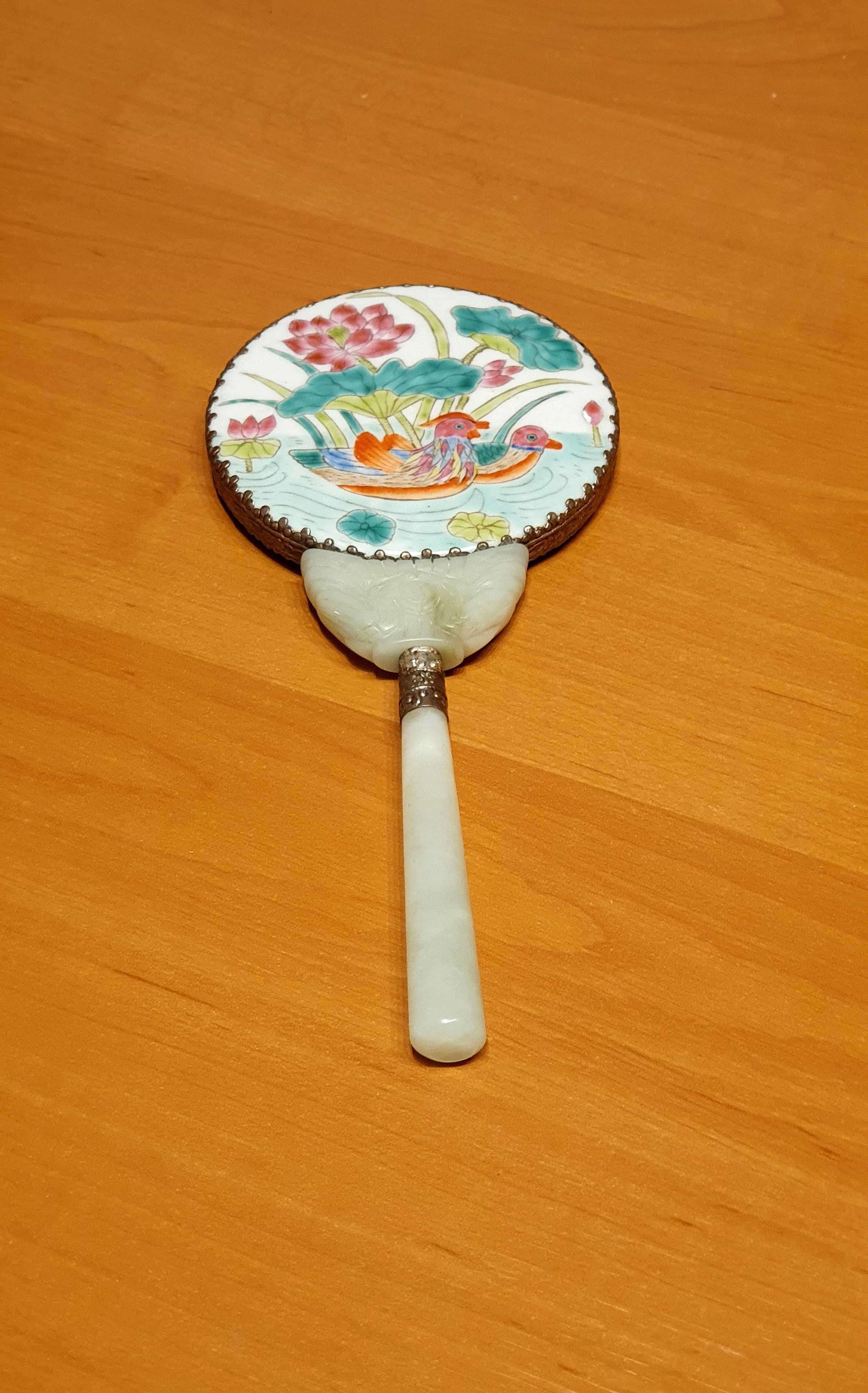 Oryginalne, stare chińskie lustro. Jadeit i porcelana. Hand made.