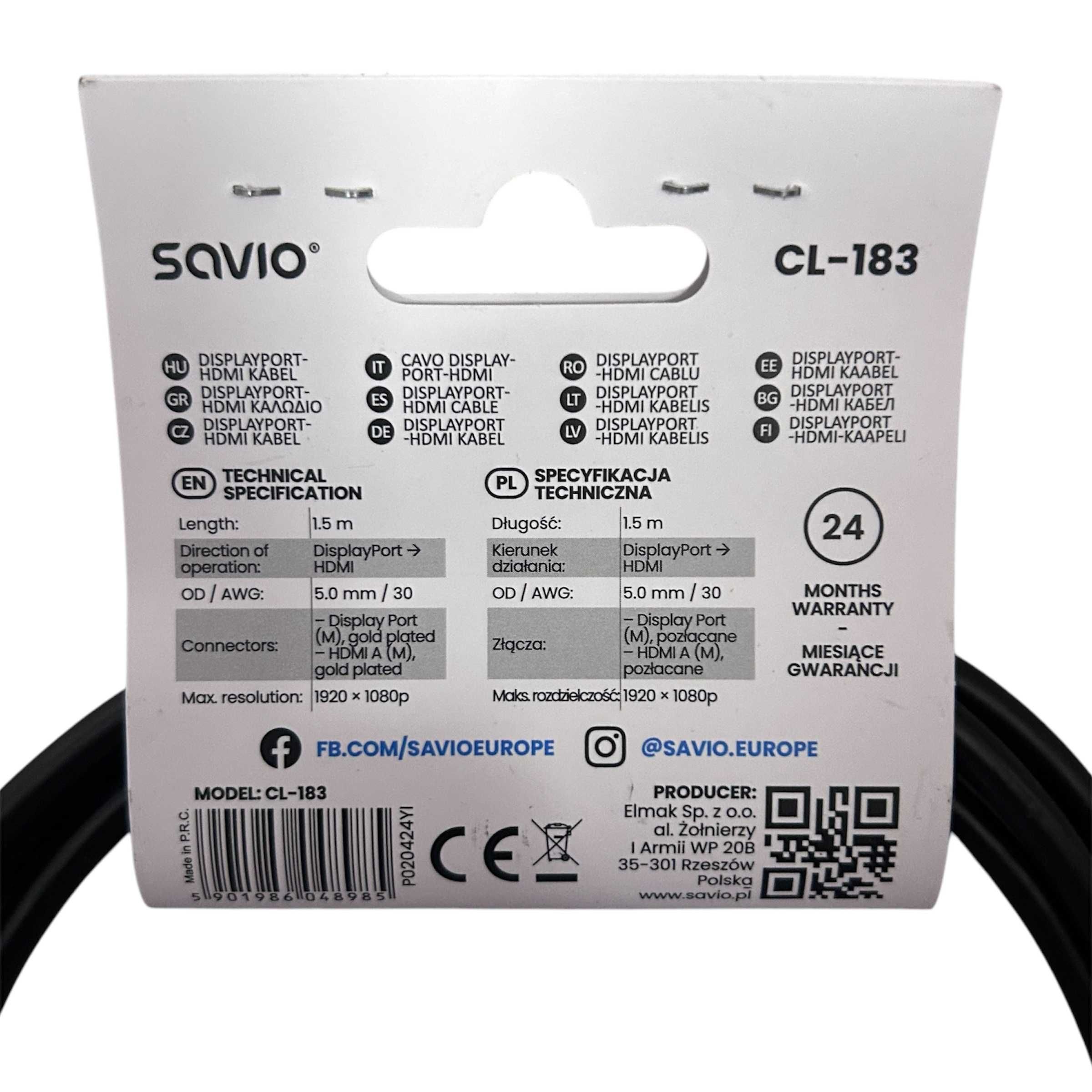 Kabel Display Port do HDMI 1,5M