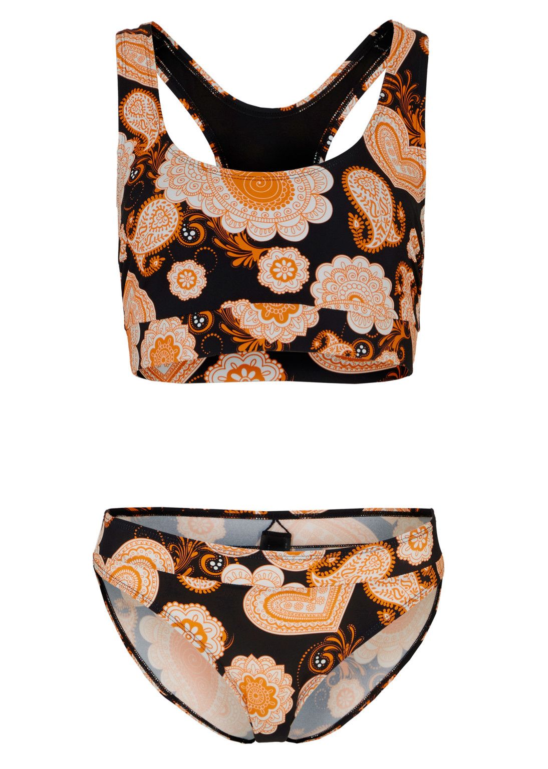 B.P.C bikini bustier i figi czarne w pomarańczowe wzory ^38