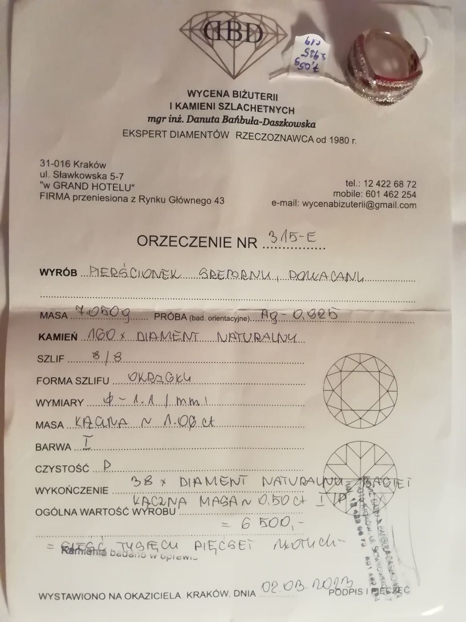 Pierścionek srebrny pr. 925 pozłacany z diamentami 1,56 ct. rozm. 19