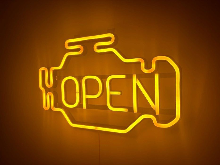 Неонова вивіска "Чек Check engine Open" жовта, 400*240 мм
