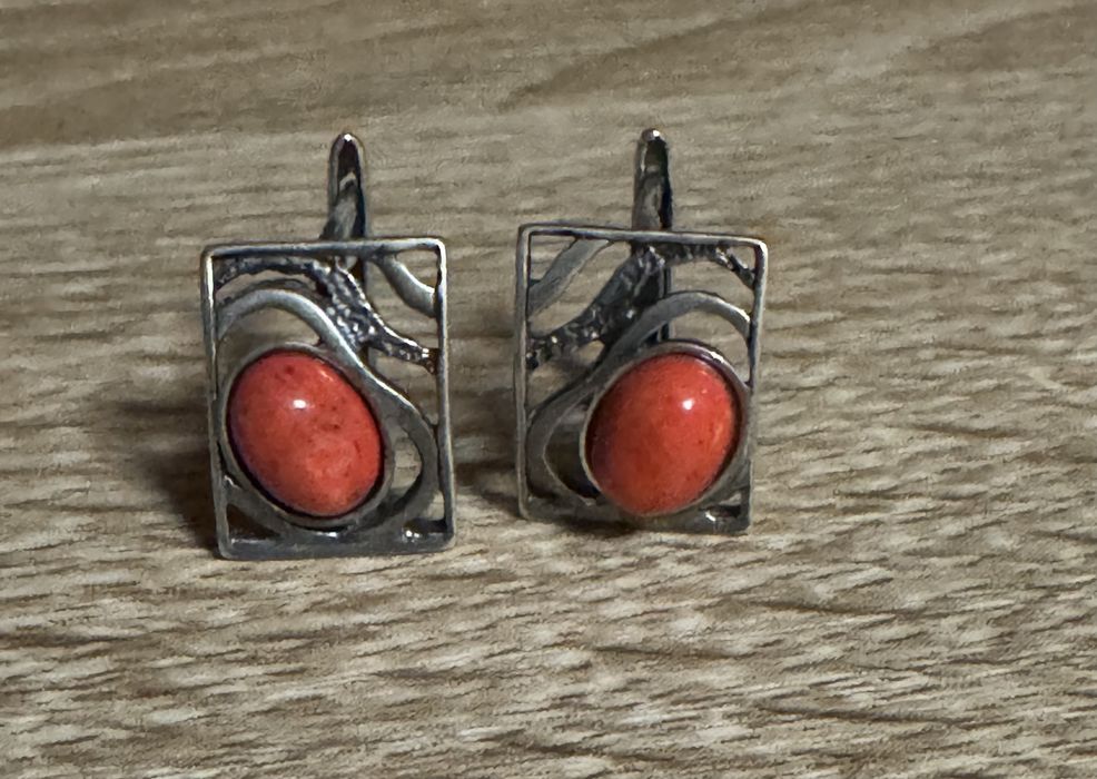 Серьги с коралом , серьги с гранатом винтаж серебро
