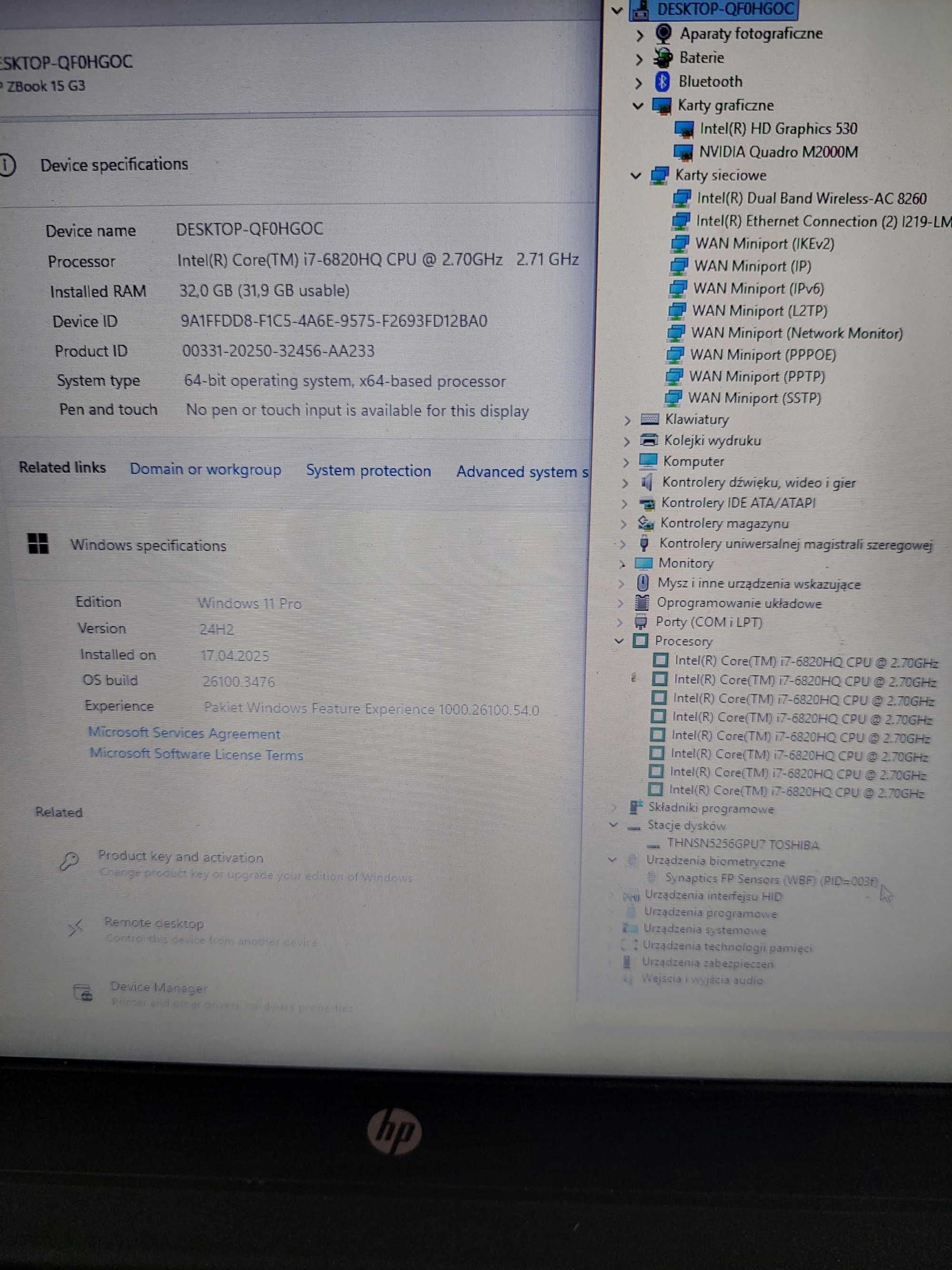 Laptop HP ZBook 15 G3 i7-6820HQ 16GB Quadr2000M + stacja+Org Win11 PRO