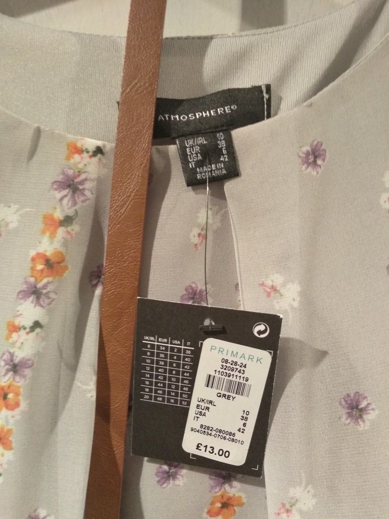 Sukienka Atmosphere Primark szara w kwiaty, z paskiem r. 38