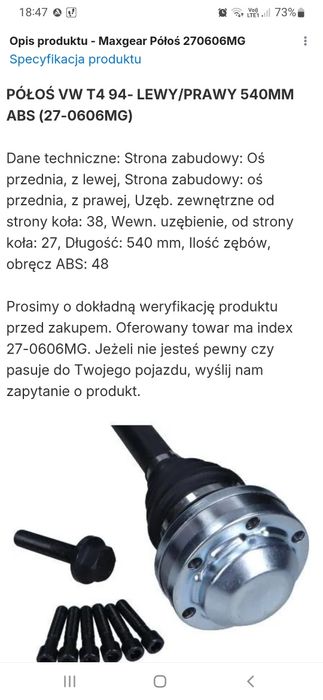 Półoś napędowa Vw T4