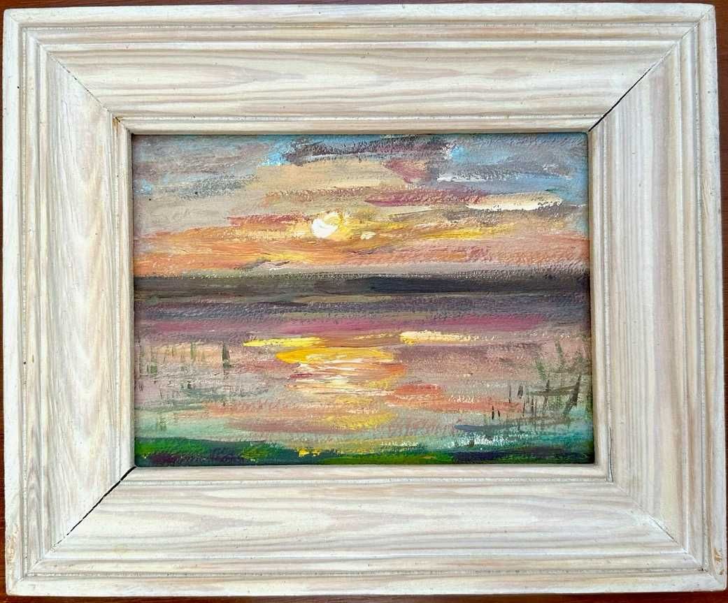 Pôr do sol no rio Dnipro, 2021 pintura a óleo sobre cartão, emoldurada
