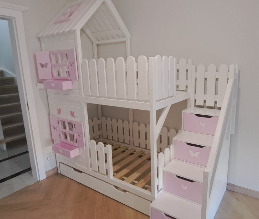 Łóżeczko domek drewniany łóżko piętrowe 80x160