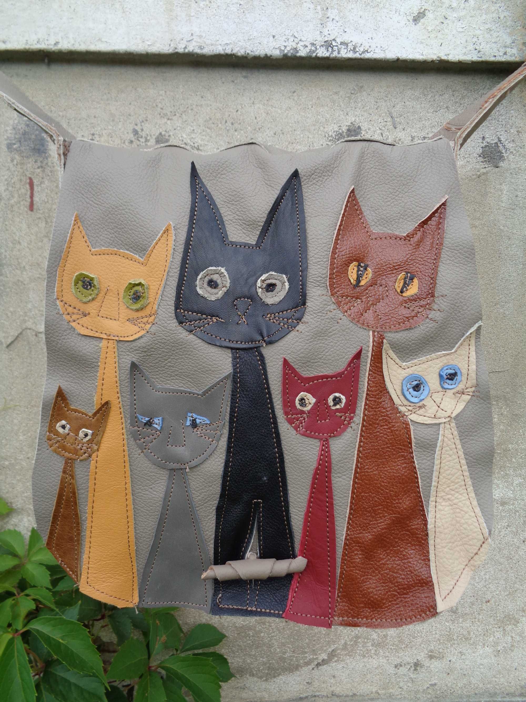 Artystyczna torebka skórzana z kotami.  Handmade