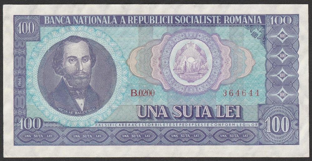 Rumunia 100 lei 1966 - Nicolai Balcescu - stan bankowy - UNC -