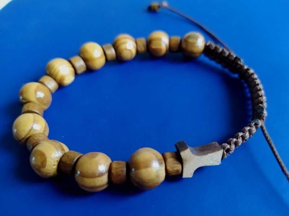 Różaniec na rękę, męski, drewniany, krzyż Tau, nowy, bransoletka