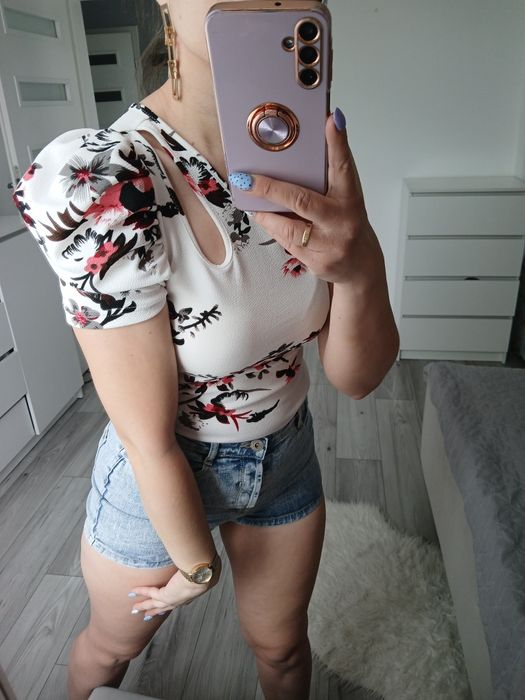 Biała bluzka top Shein S M bufiasty rękaw
