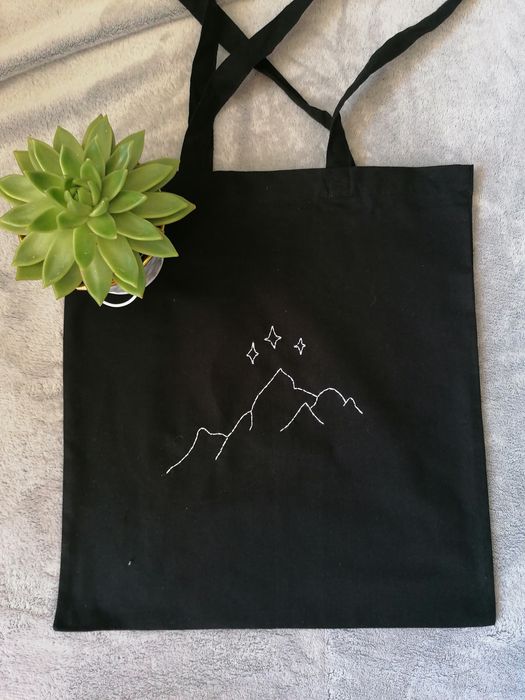 Czarna torba bawełniana tote bag torba na zakupy z górami studia szkoł