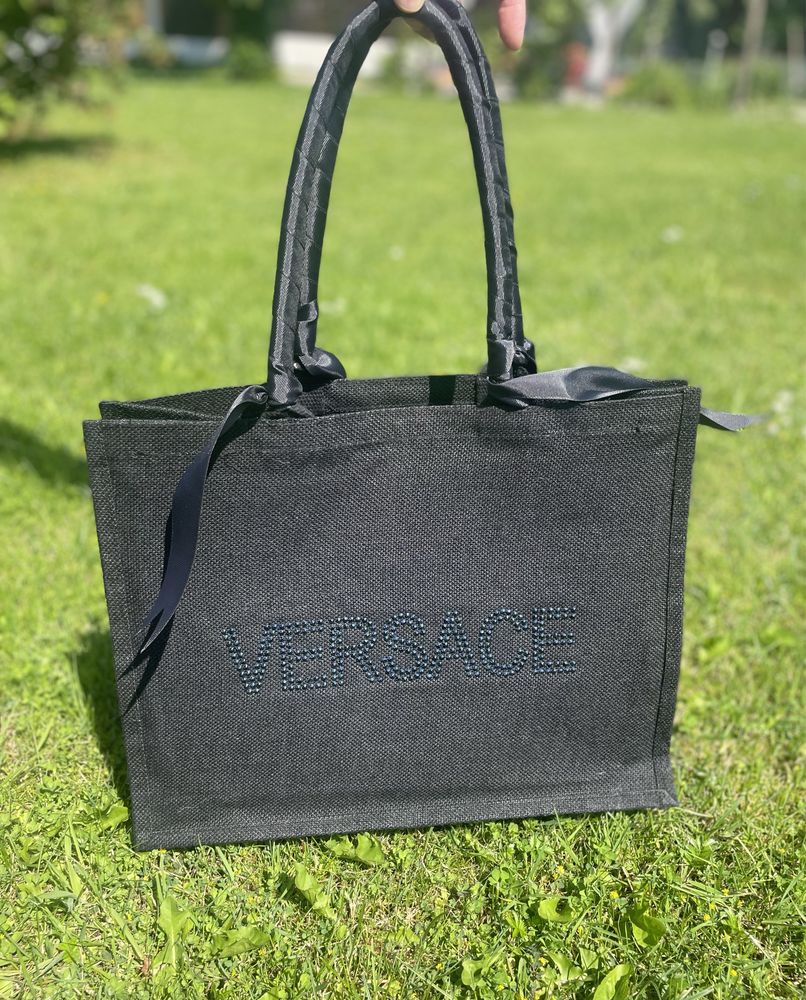 Czarna torba shopper na ramie jutowa z cyrkoniami