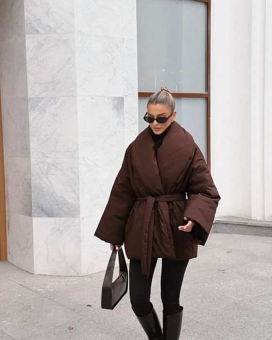 Жіноча зимова куртка на запах з поясом, 42-48 (чорна/синя/коричнева)